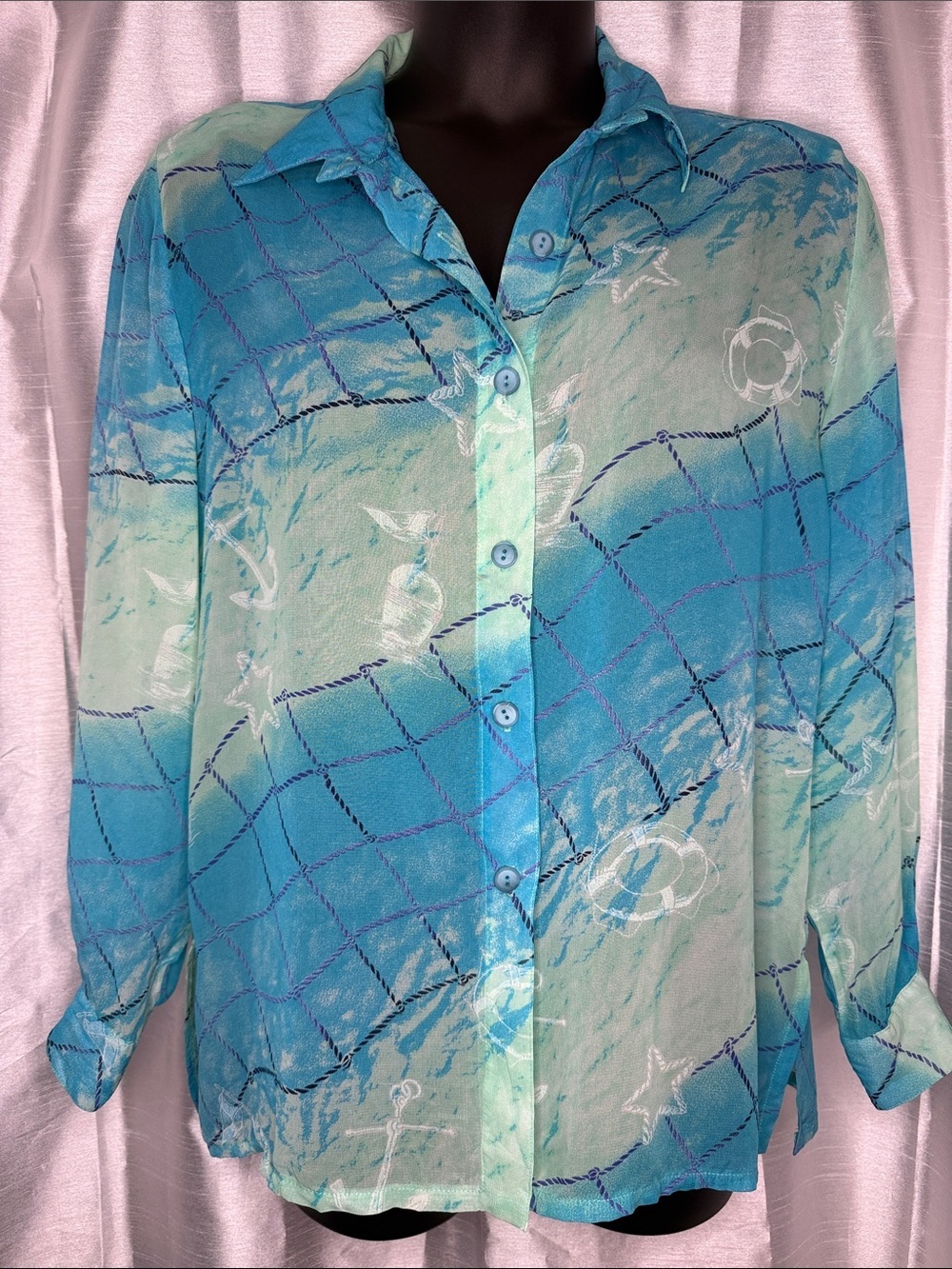 Sea Suns Semi Sheer Blouse Beach Vintage Button Up USA Padded Blue Green Large